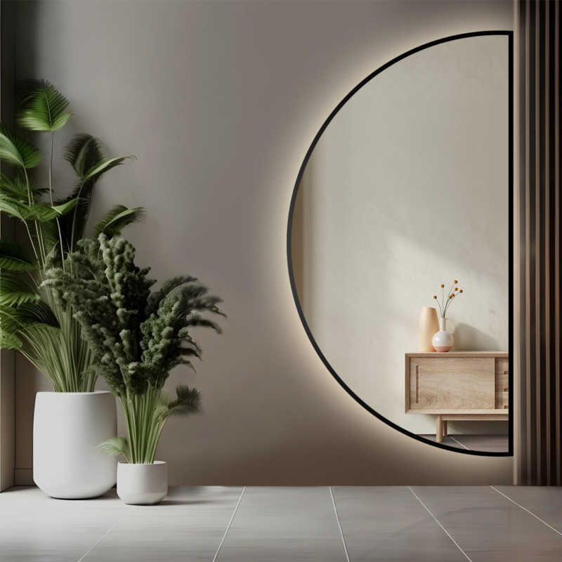 Halfronde spiegel in zwarte lijst met MDF SLIM verlichting - HILDA LED
