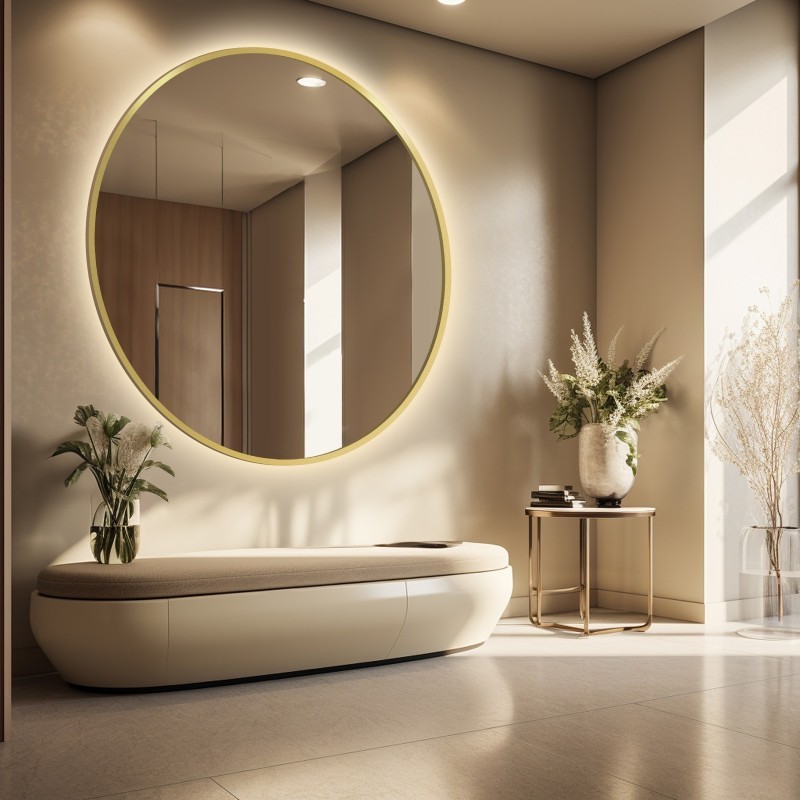 Ronde spiegel in goudkleurige MDF SLIM lijst met verlichting - OTYLIA LED - lijstkleur naar keuze