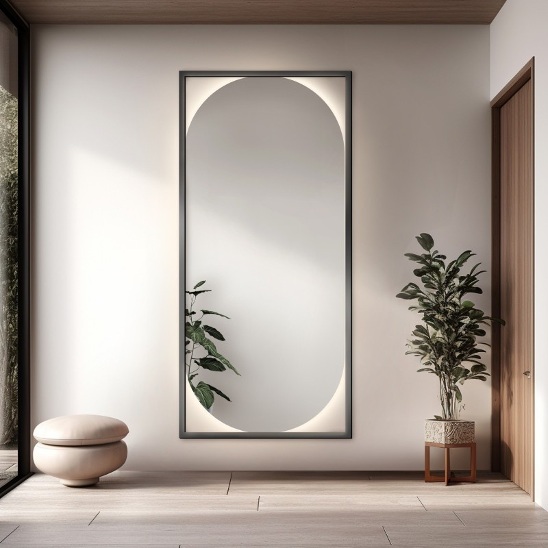 Moderne ovale spiegel in houten lijst met verlichting - RENA LED