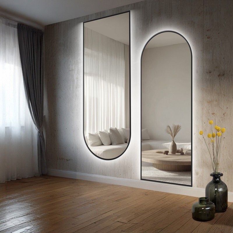 Set van twee semi-ovale spiegels in zwart MDF SLIM frame met achtergrondverlichting - DOMI LED KIT - framekleur naar keuze