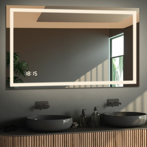 Łazienkowe lustro prostokątne z zegarem cyfrowym - EMI LED PREMIUM