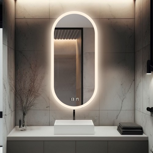 Łazienkowe lustro owalne z zegarem cyfrowym - ROMI LED PREMIUM