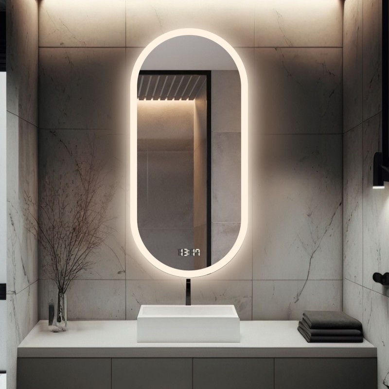 Ovale badkamerspiegel met digitale klok - ROMI LED PREMIUM