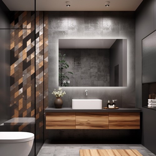 Łazienkowe lustro prostokątne z zegarem cyfrowym - AGIS LED PREMIUM