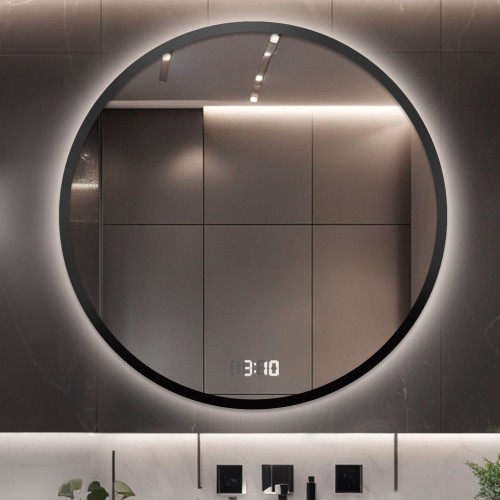 Łazienkowe lustro okrągłe w ramie z zegarem - OTTO LED PREMIUM