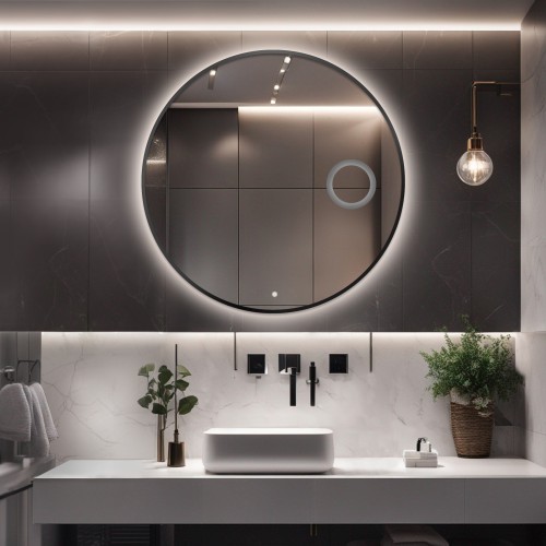 Lustro okrągłe w ramie z lusterkiem zoom i włącznikiem- OTYLIA LED PREMIUM