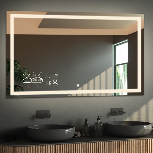 Łazienkowe lustro prostokątne ze stacją pogody i włącznikiem - EMI LED PREMIUM