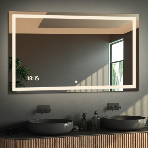 Łazienkowe lustro prostokątne z zegarem cyfrowym i włącznikiem - EMI LED PREMIUM