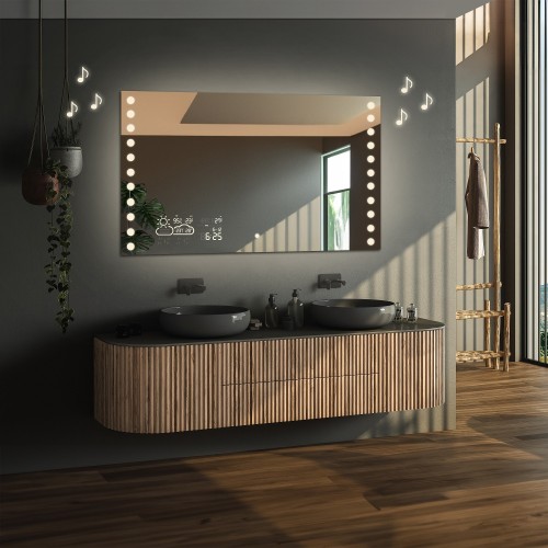 Łazienkowe lustro prostokątne ze stacją pogody, głośnikiem bluetooth i włącznikiem - OLIWIA LED PREMIUM