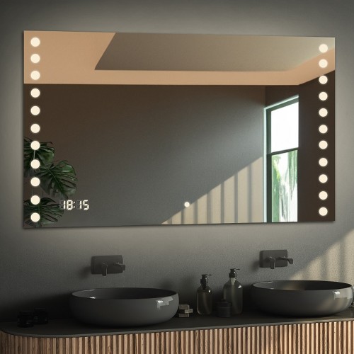 Łazienkowe lustro prostokątne z zegarem cyfrowym i włącznikiem - OLIWIA LED PREMIUM