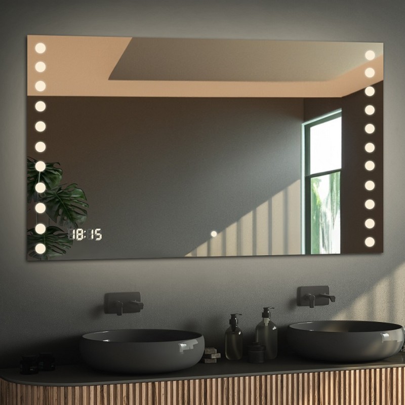 Rechthoekige badkamerspiegel met digitale klok en schakelaar - OLIWIA LED PREMIUM