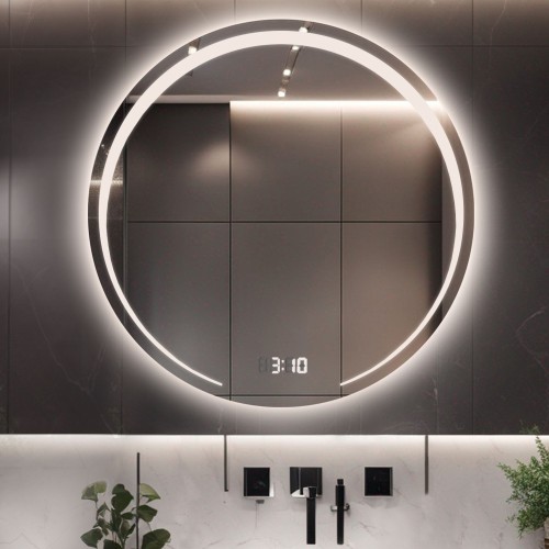Łazienkowe lustro okrągłe z zegarem cyfrowym - NELA LED PREMIUM