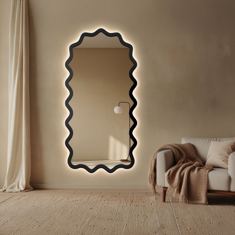 Halfovaal spiegel in een golvend MDF-frame met verlichting - AQUARELLE SONA LED