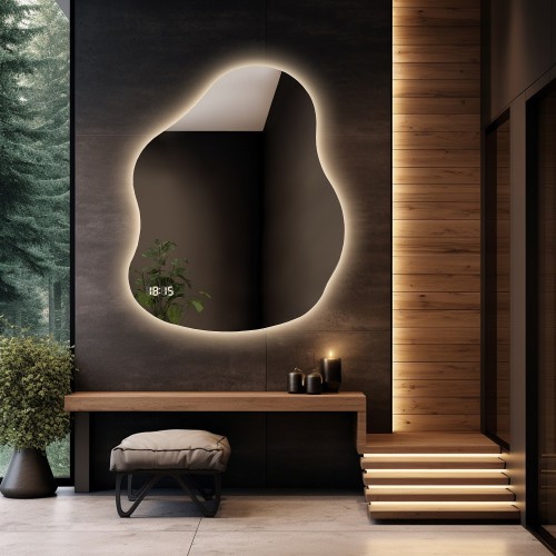 Lustro łazienkowe o nieregularnym kształcie z zegarem cyfrowym - STONE LED PREMIUM