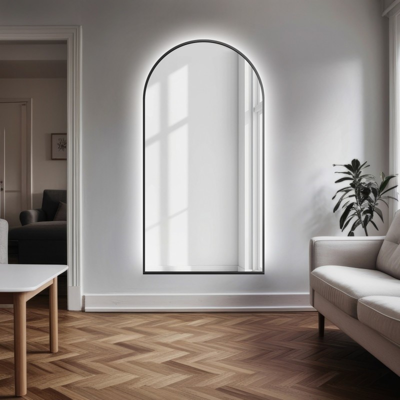 Halfovale spiegel in zwart MDF SLIM frame met verlichting - DOMI LED - kleur van frame naar keuze