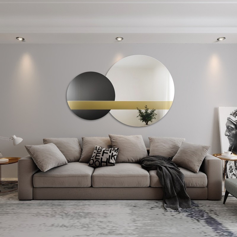 Set decoratieve spiegels goud paneel en zwart lacobel - GOLD MOON