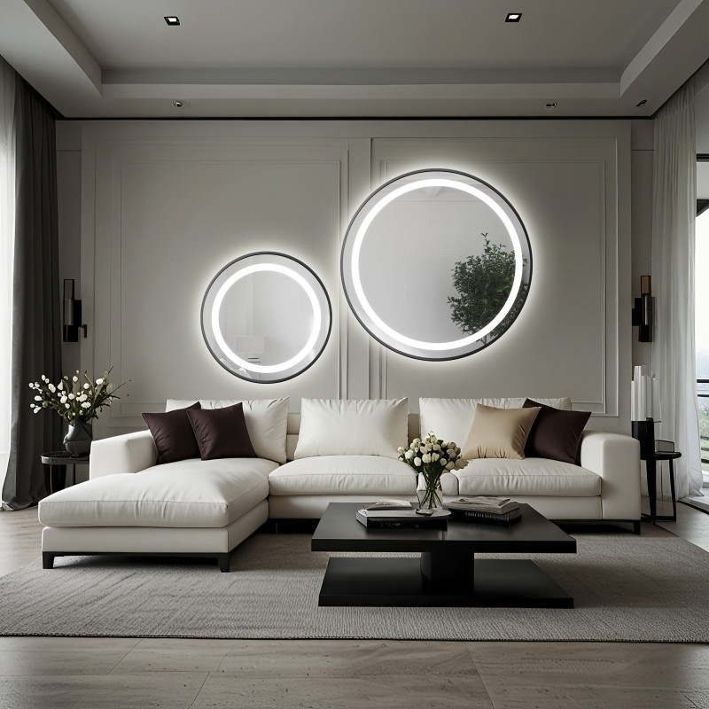 Set ronde gezandstraalde spiegels in zwart MDF SLIM frame met STELLA LED II verlichting - kleur van frame naar keuze