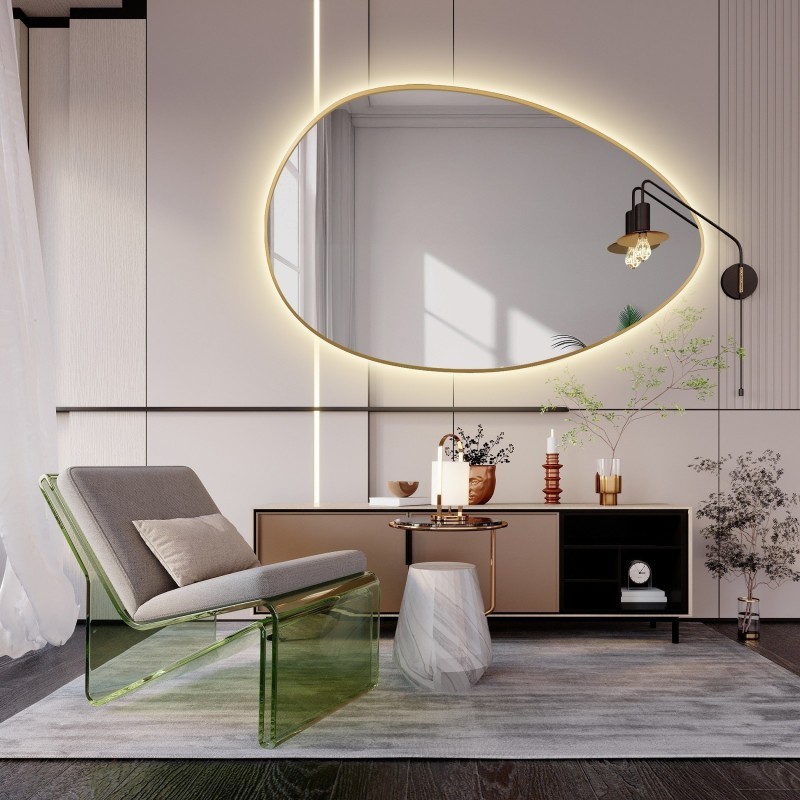 Organische spiegel in gouden MDF SLIM lijst met verlichting - ZOE LED - lijstkleur naar keuze