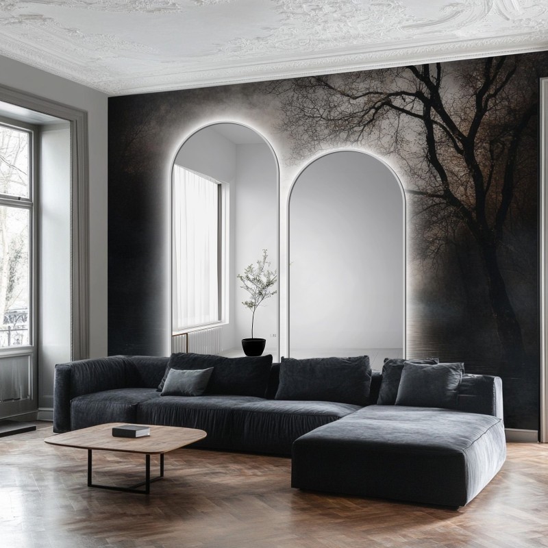 Set van twee semi-ovale spiegels in zwart MDF SLIM frame met verlichting - DOMI II SET IN LED FRAME