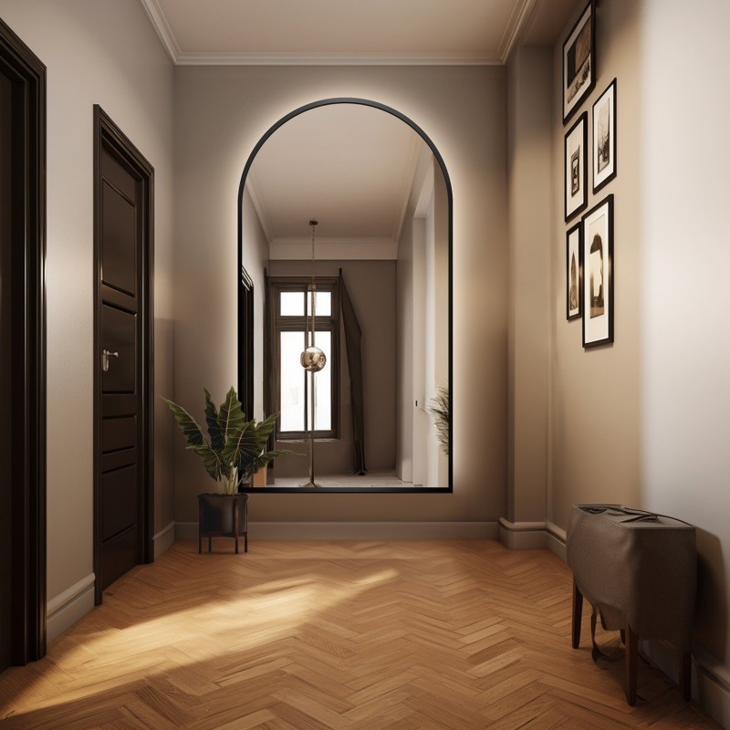 Halfovale spiegel in zwart MDF frame met verlichting - BERDO LED