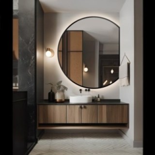 Ronde spiegel in zwart mat MDF frame met verlichting - OTTO LED met afgeschuinde zijkant