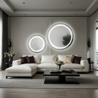 Set ronde gezandstraalde spiegels in zwart MDF SLIM frame met STELLA LED II verlichting - kleur van frame naar keuze