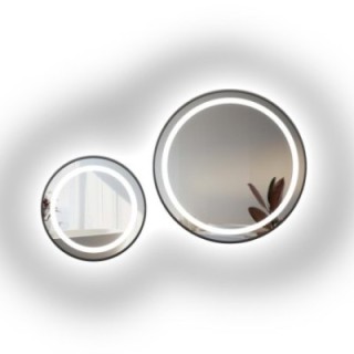 Set ronde gezandstraalde spiegels in zwart MDF SLIM frame met STELLA LED II verlichting - kleur van frame naar keuze