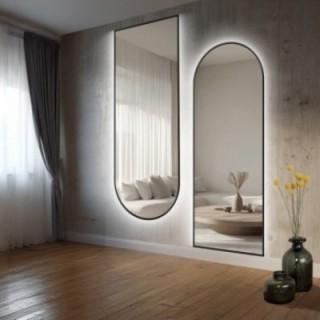 Set van twee semi-ovale spiegels in zwart MDF SLIM frame met achtergrondverlichting - DOMI LED KIT - framekleur naar keuze