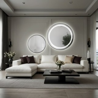 Set ronde gezandstraalde spiegels in zwart MDF SLIM frame met STELLA LED-achtergrondverlichting - kleur van frame naar keuze