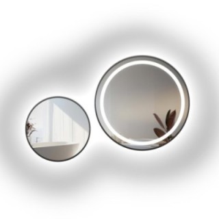 Set ronde gezandstraalde spiegels in zwart MDF SLIM frame met STELLA LED-achtergrondverlichting - kleur van frame naar keuze