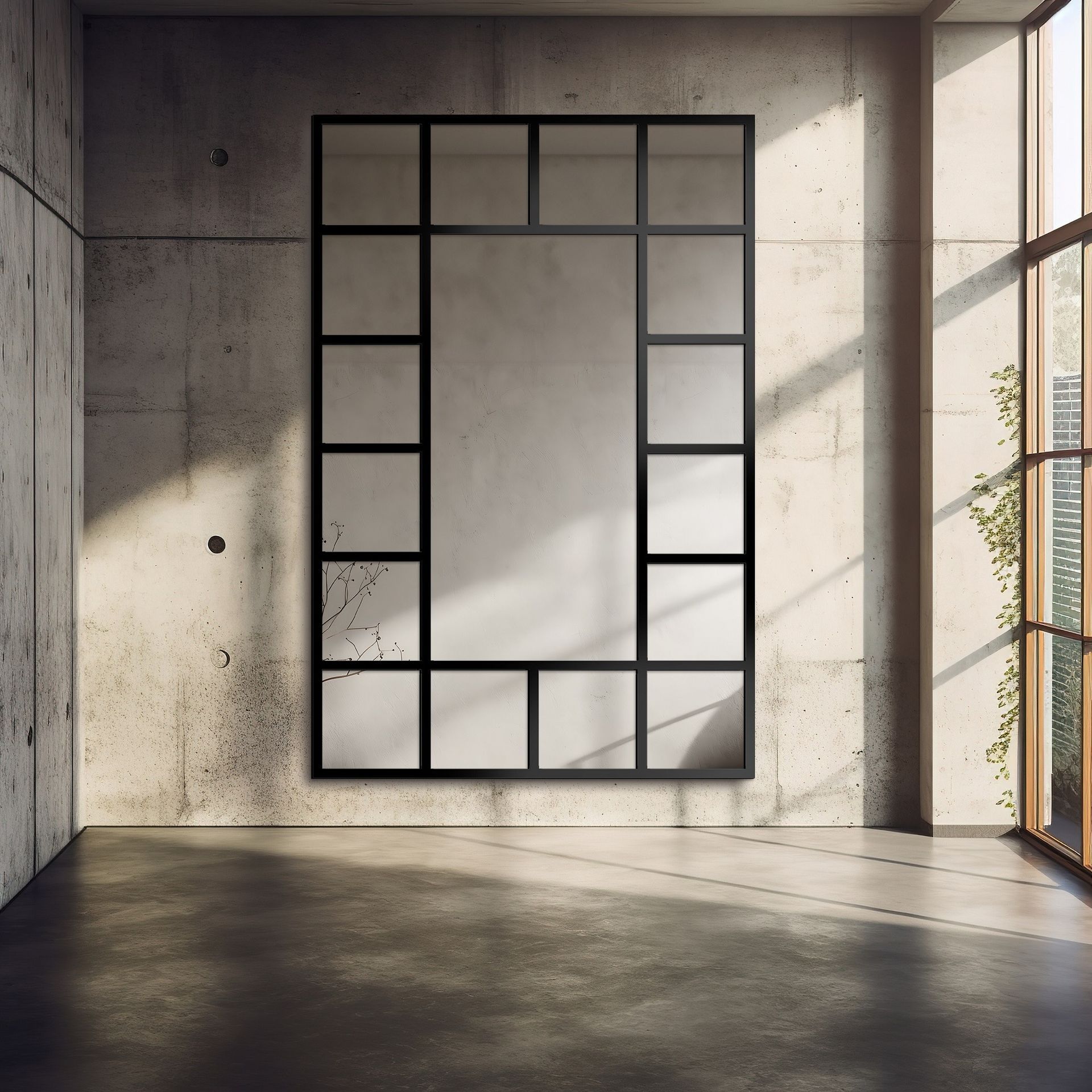 Stijlvol interieur met een grote boogspiegel met zwarte metalen roeden, een rotan stoel en tropische planten, in een zonnige ruimte met houten vloer en warme beige muren.